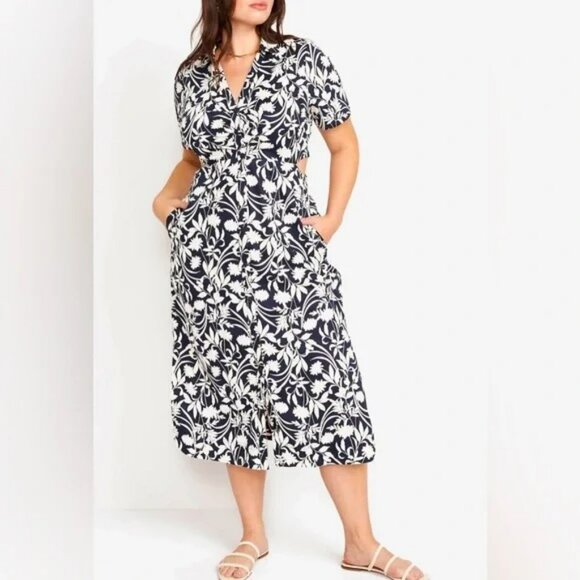 Old Navy Blue and Cream Floral Button Up Midi Shirt Dress with Cutouts NWT XL - Picture 1 of 4